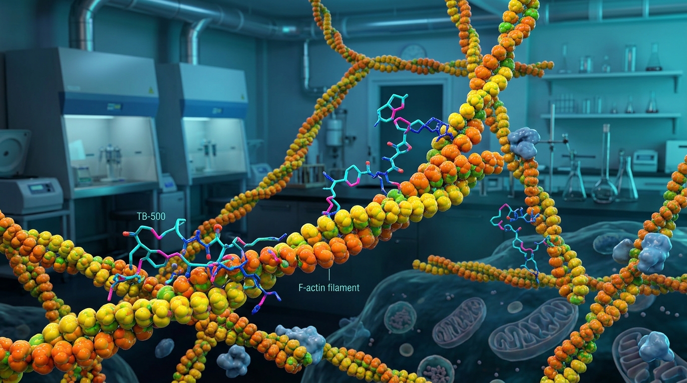3D molecular visualization of the TB-500 peptide structure interacting with cellular actin filaments in a laboratory research