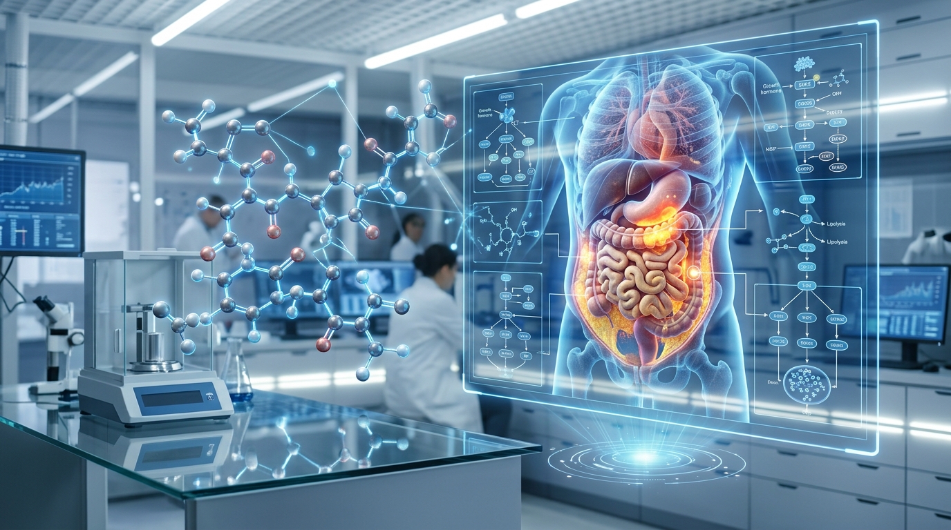 3D visualization of the Tesamorelin peptide structure alongside clinical metabolic research data.