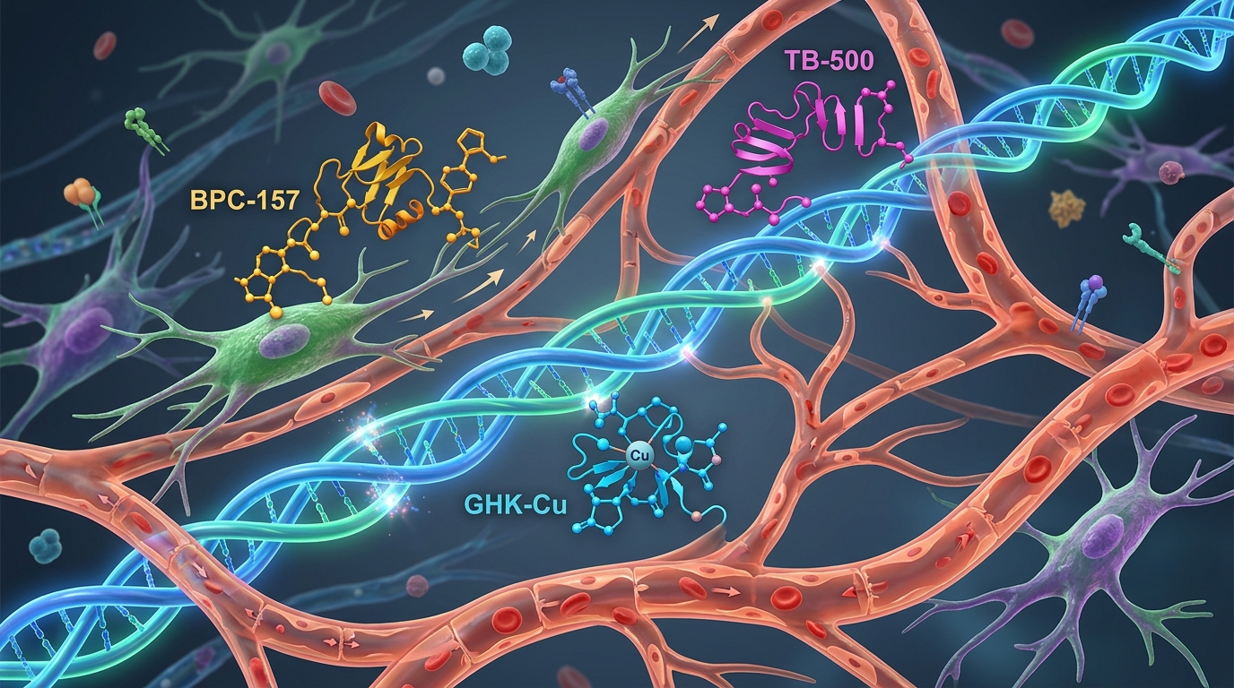 Diagram illustrating the mechanisms of the GLOW peptide stack including BPC-157, TB-500, and GHK-Cu