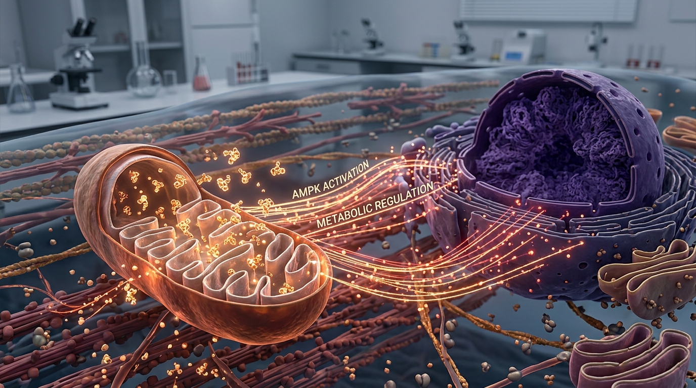 3D visualization of mitochondrial-derived peptide MOTS-c signaling between the mitochondrion and cell nucleus.