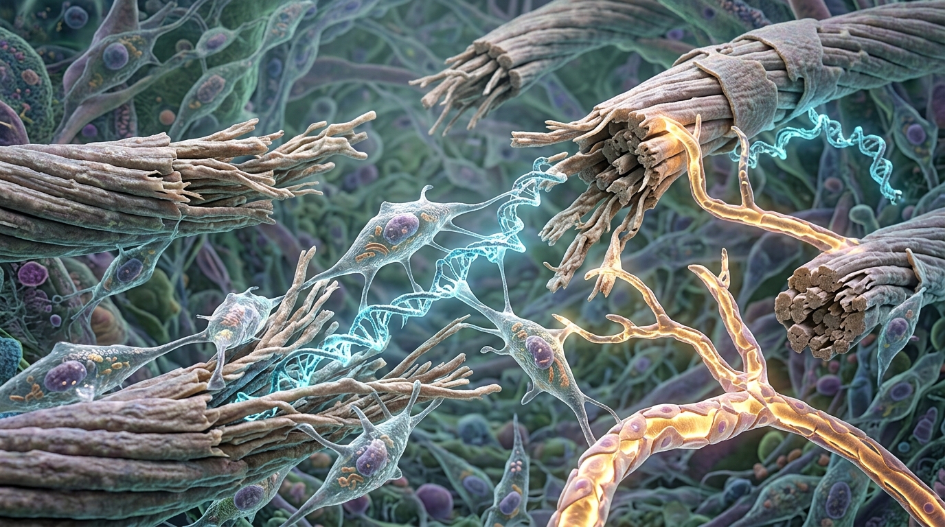 3D visualization of soft-tissue collagen remodeling, endothelial capillary sprouts, and peptide molecular structures.