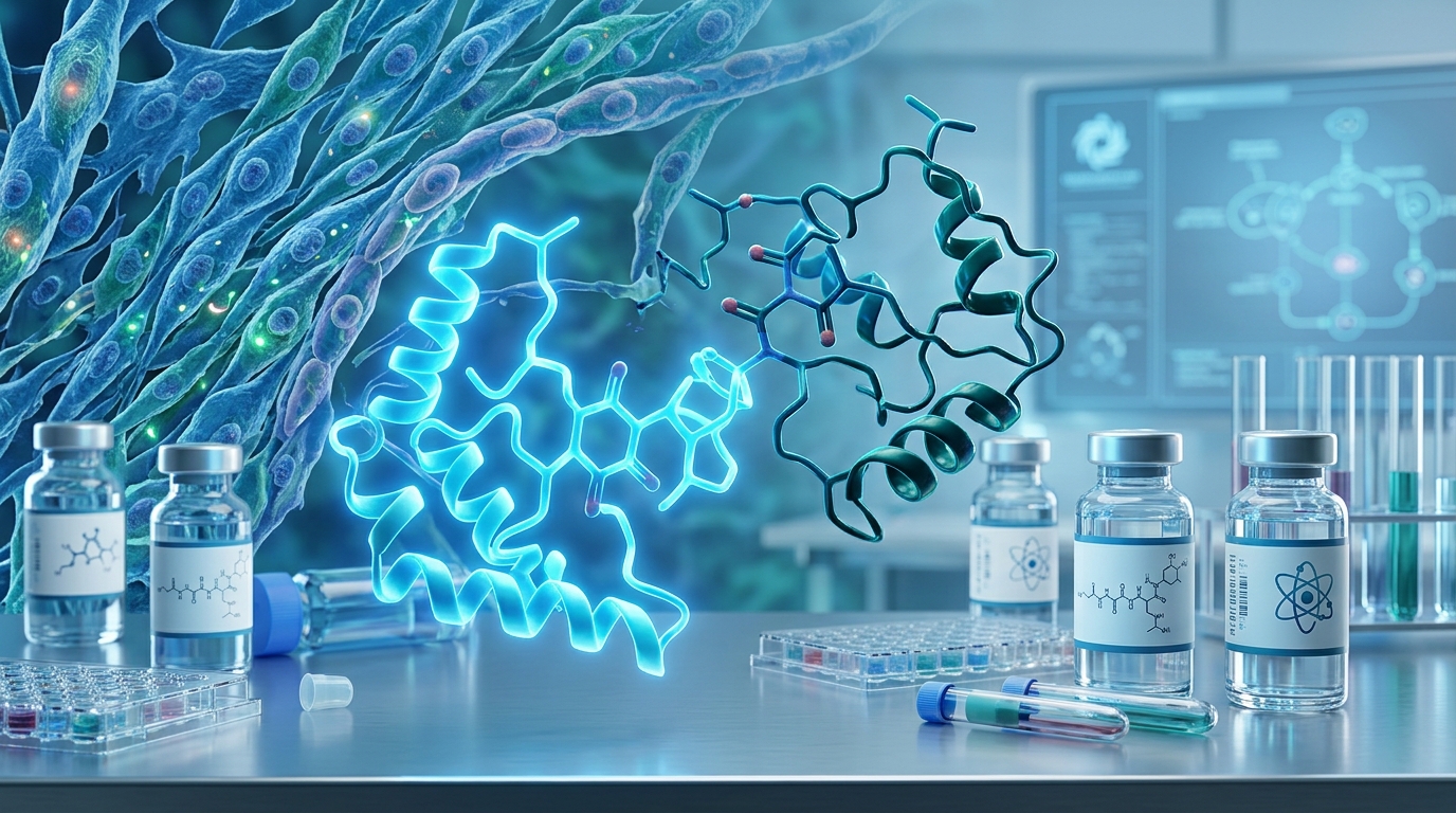 Conceptual scientific visualization of peptide compounds BPC-157 and TB-500 in a laboratory research environment.