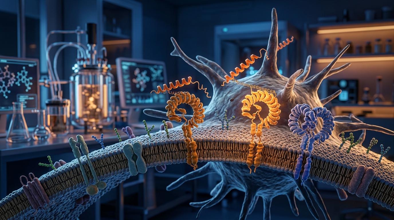 3D molecular visualization of Thymosin Alpha-1 peptide interacting with immune cell receptors