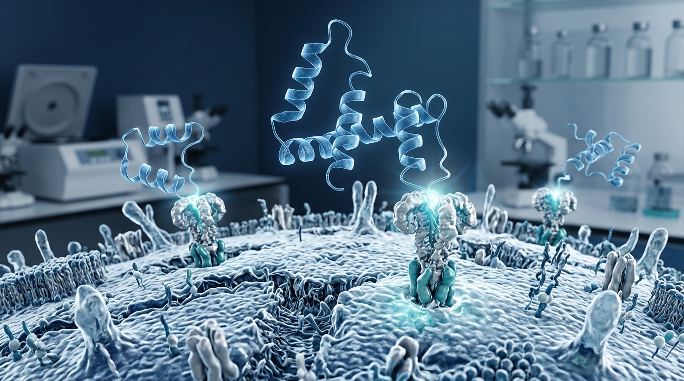 3D molecular model of Thymosin Alpha-1 peptide ribbon interacting with immune cell surface receptors in a scientific research