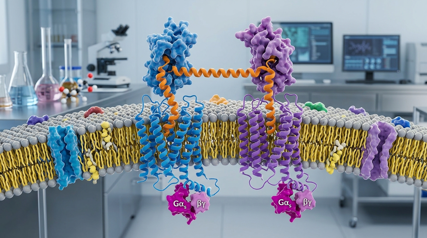 3D visualization of dual incretin peptide interacting with transmembrane cell receptors.