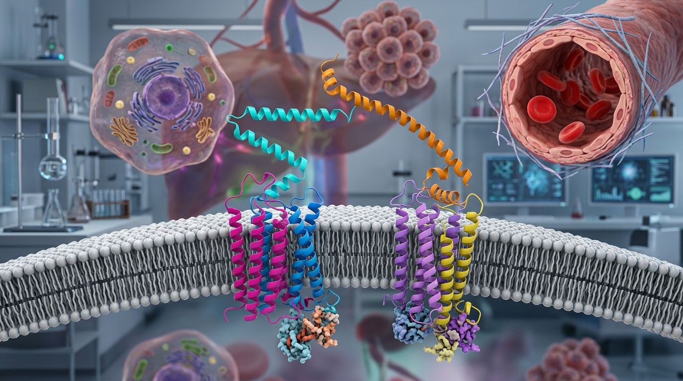 3D visualization of dual incretin peptide receptor interaction with surrounding cellular structures.