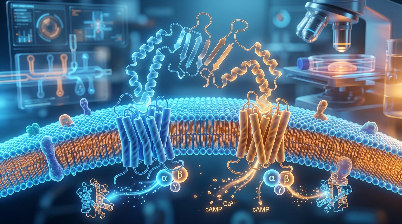 3D molecular visualization of the dual GIP and GLP-1 receptor agonist peptide tirzepatide interacting with cell surface recep