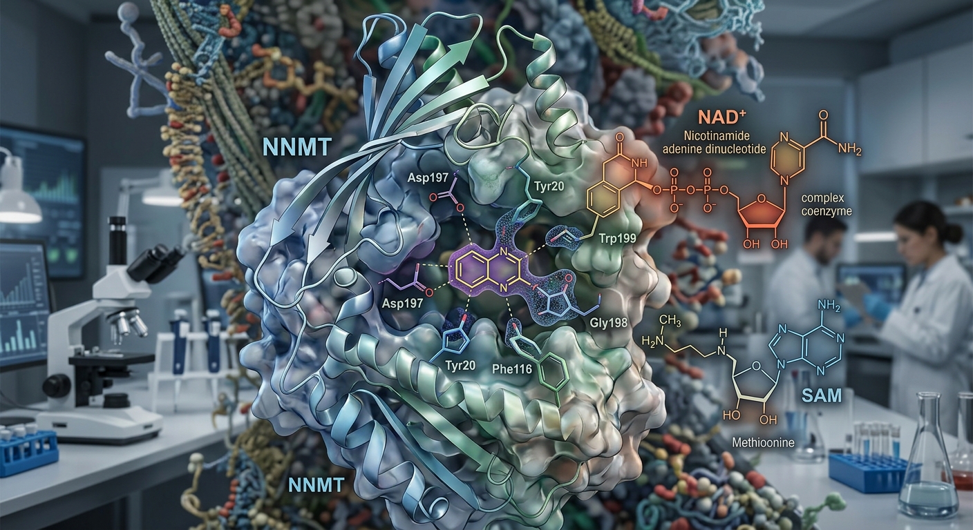 3D visualization of the NNMT enzyme catalytic site interacting with a small molecule inhibitor and cellular metabolites.
