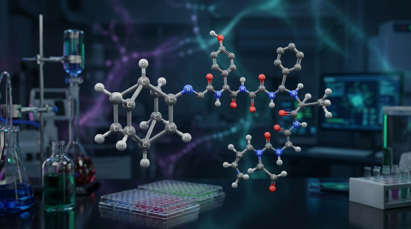 3D molecular visualization of an adamantane-modified peptide structure in a neurochemical research environment.