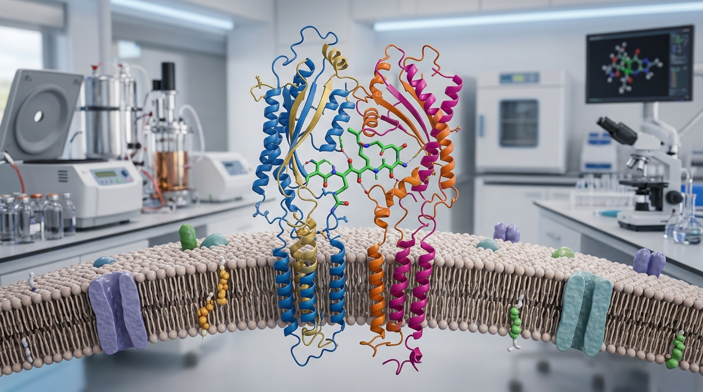 3D visualization of the ARA-290 peptide interacting with the EPOR and CD131 innate repair receptor heterodimer on a cell surf