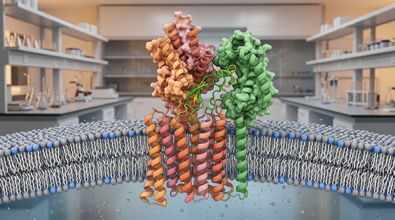 3D visualization of a calcitonin receptor and RAMP heterodimer complex with a peptide ligand bound to the active site.