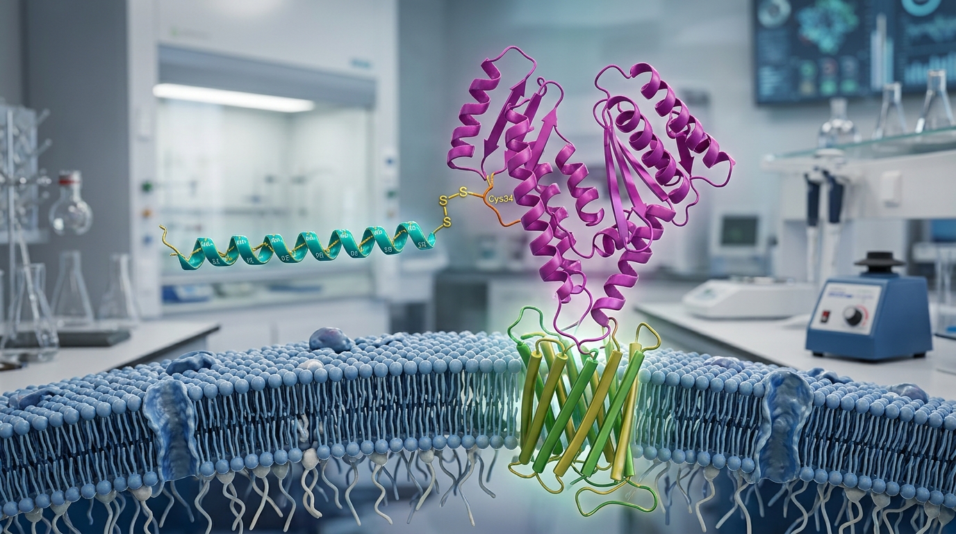 3D molecular visualization of a synthetic peptide conjugated to human serum albumin near a membrane receptor.