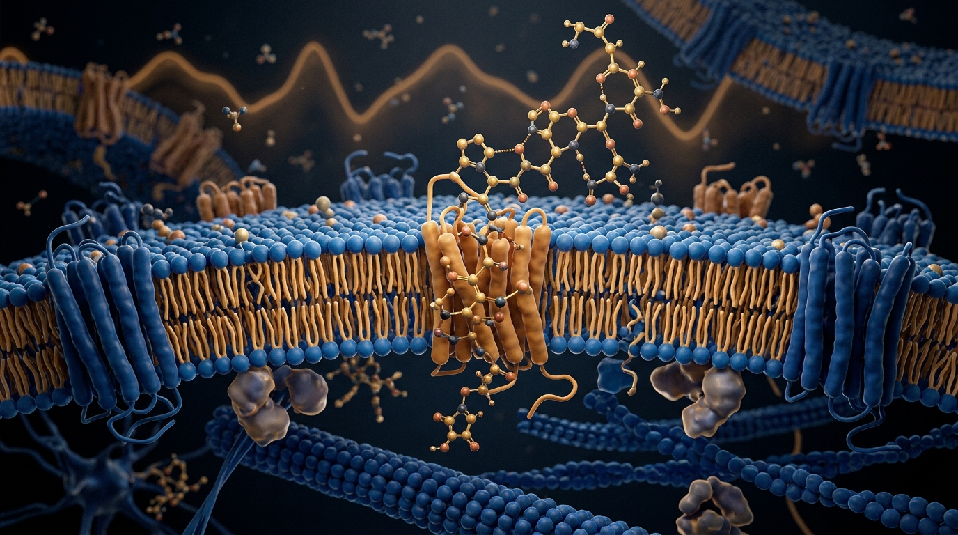 3D visualization of the delta sleep-inducing peptide nonapeptide molecular structure near neural cell membranes.
