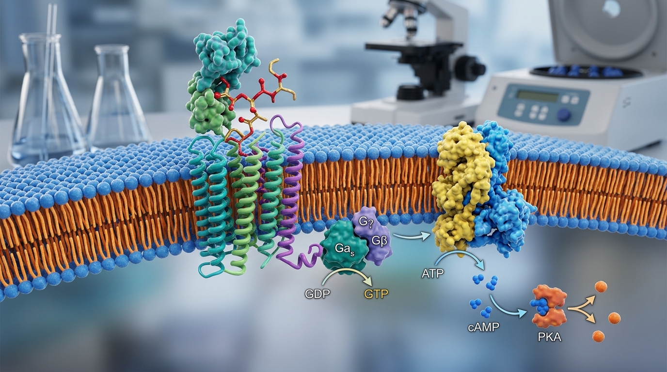 3D visualization of a synthetic peptide binding to an amylin receptor complex in a cellular membrane.