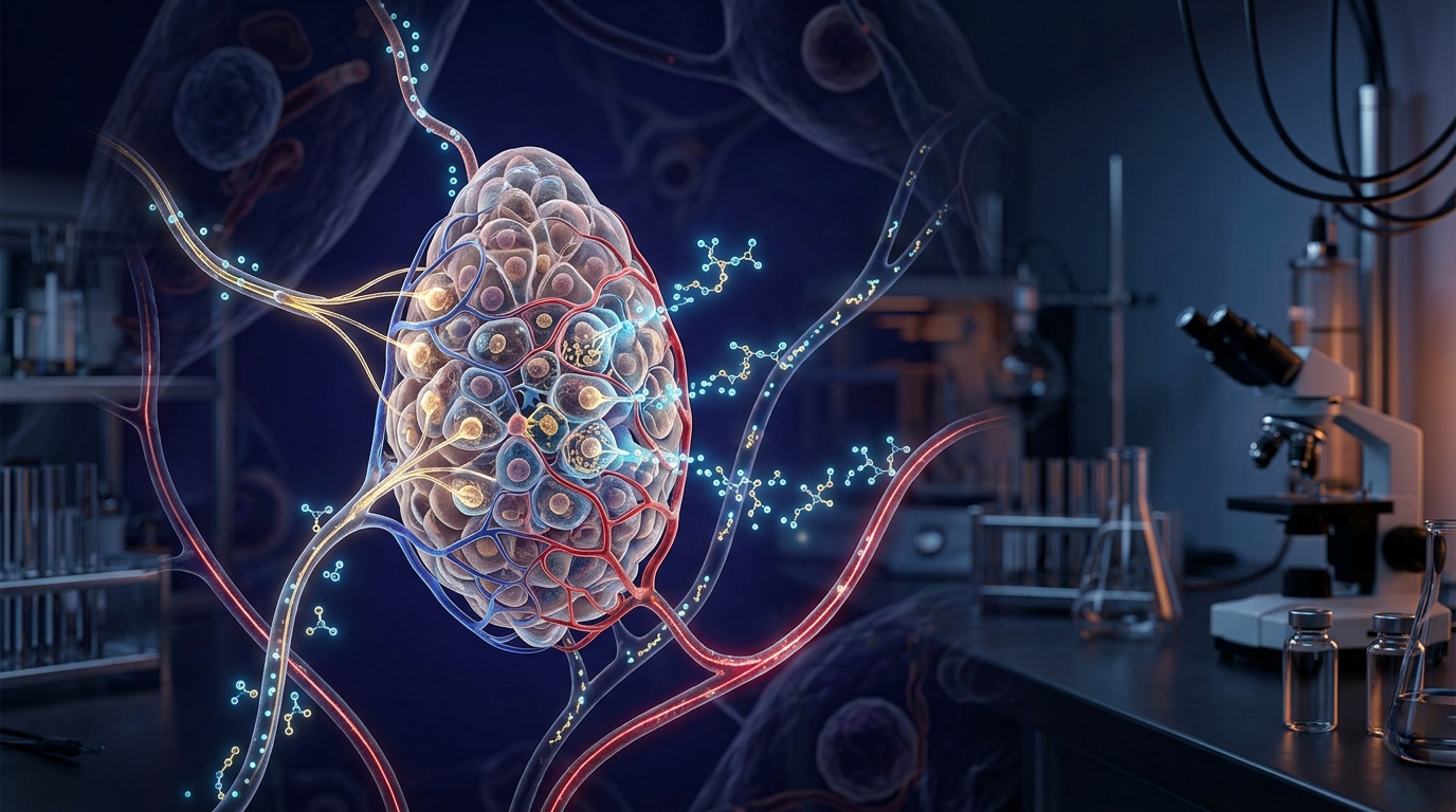 Scientific visualization of pineal gland cells and circadian signaling pathways in neuroendocrine research.