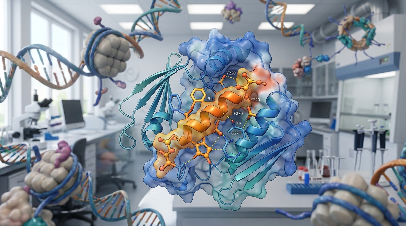 3D molecular visualization of the FOXO4-p53 protein complex interaction targeted by senolytic peptide inhibitors.