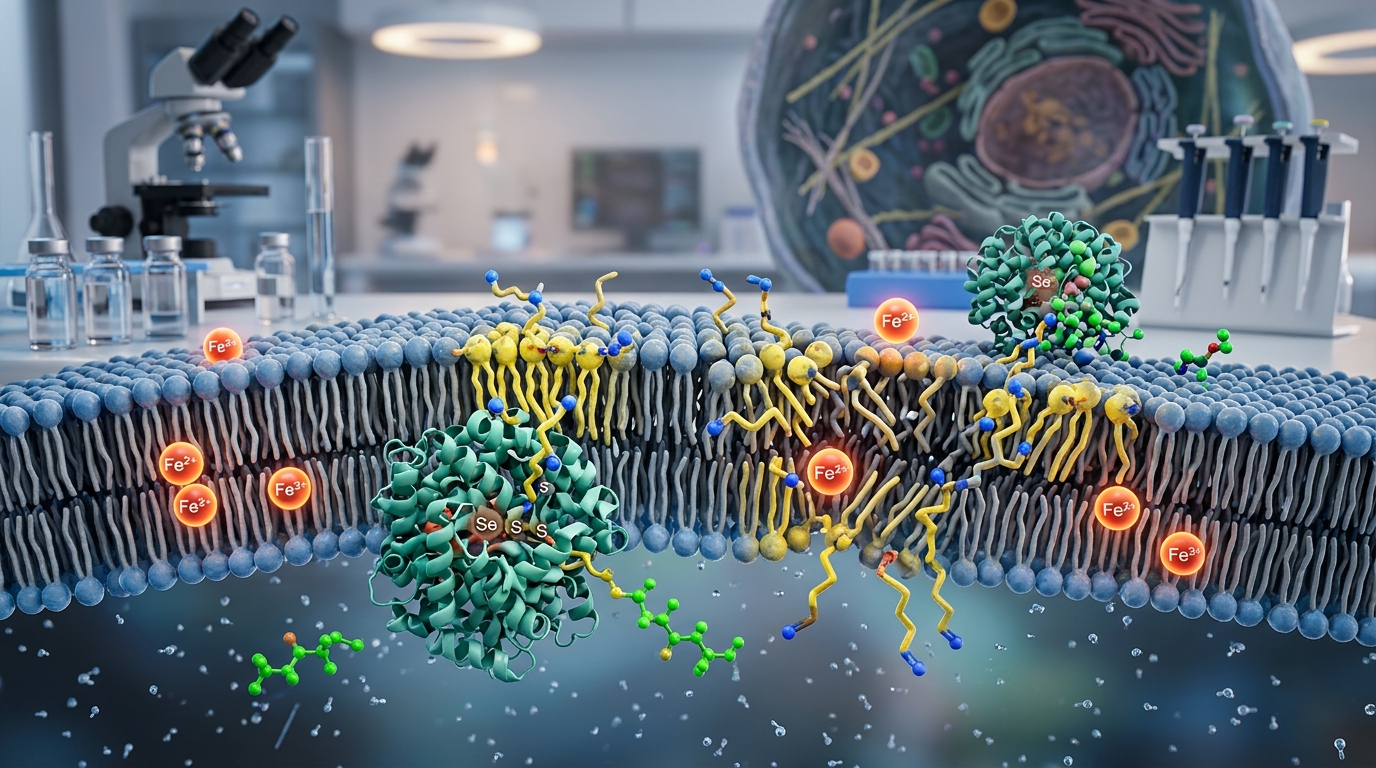 Diagram of glutathione and GPX4 enzyme preventing iron-mediated lipid peroxidation in a cellular membrane.