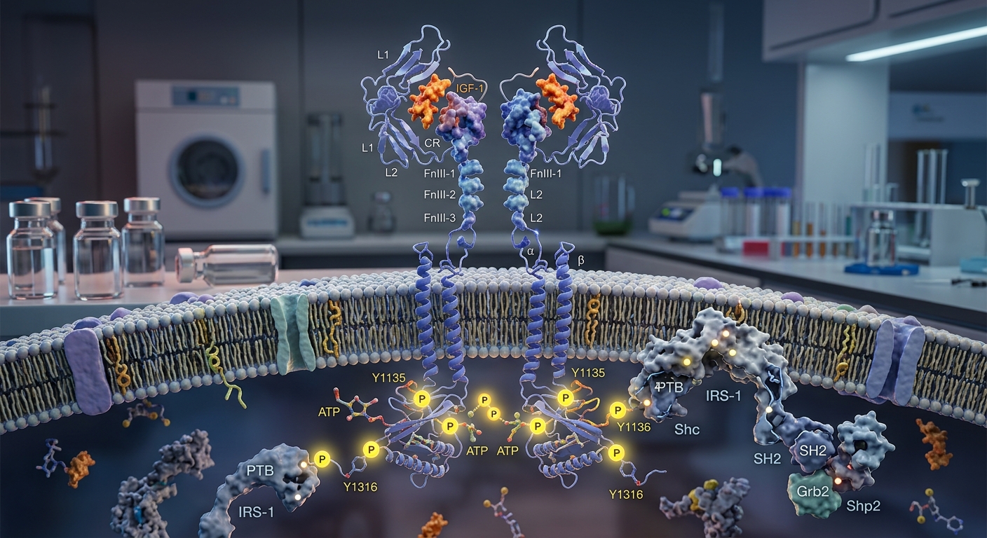 3D render of the IGF-1 receptor spanning a lipid bilayer initiating intracellular phosphorylation cascades.