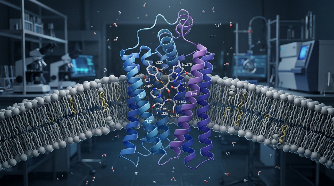 Molecular model of a pentapeptide interacting with the GHS-R1a ghrelin receptor embedded in a cell membrane.