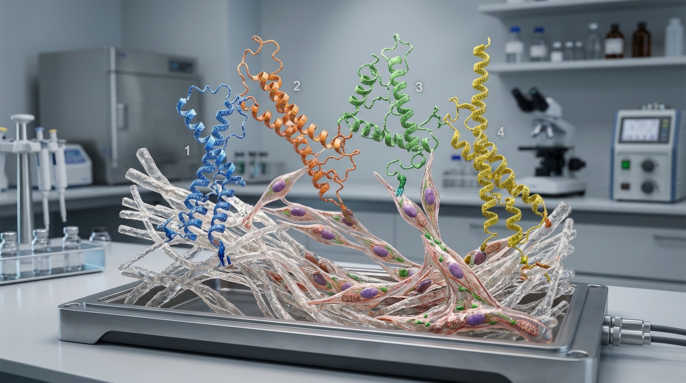 3D visualization of peptide molecular structures interacting with collagen matrix fibers and cellular receptors.