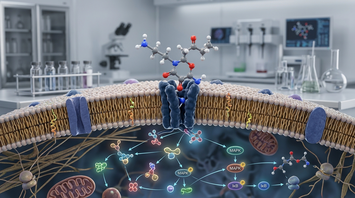 3D molecular rendering of the KPV tripeptide interacting with cellular transport pathways.