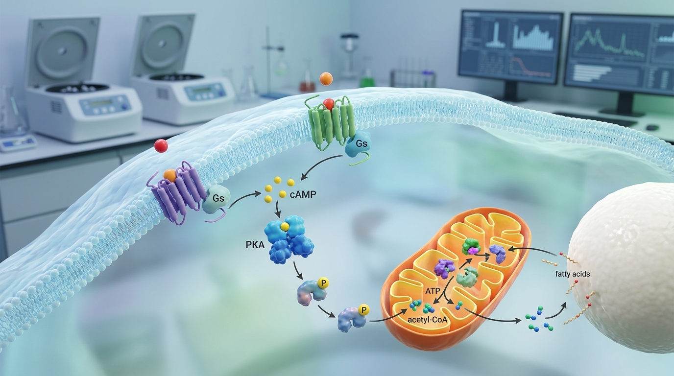 3D visualization of dual receptor signaling on a hepatocyte membrane promoting lipid metabolism and mitochondrial oxidation.