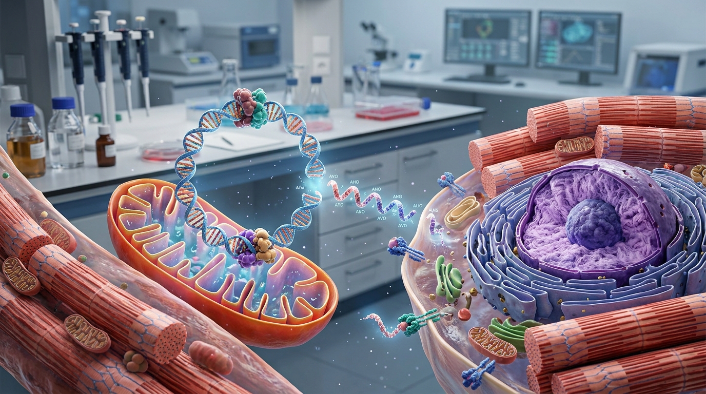 3D render of mitochondrial DNA transcribing the MOTS-c peptide within a cellular signaling environment.