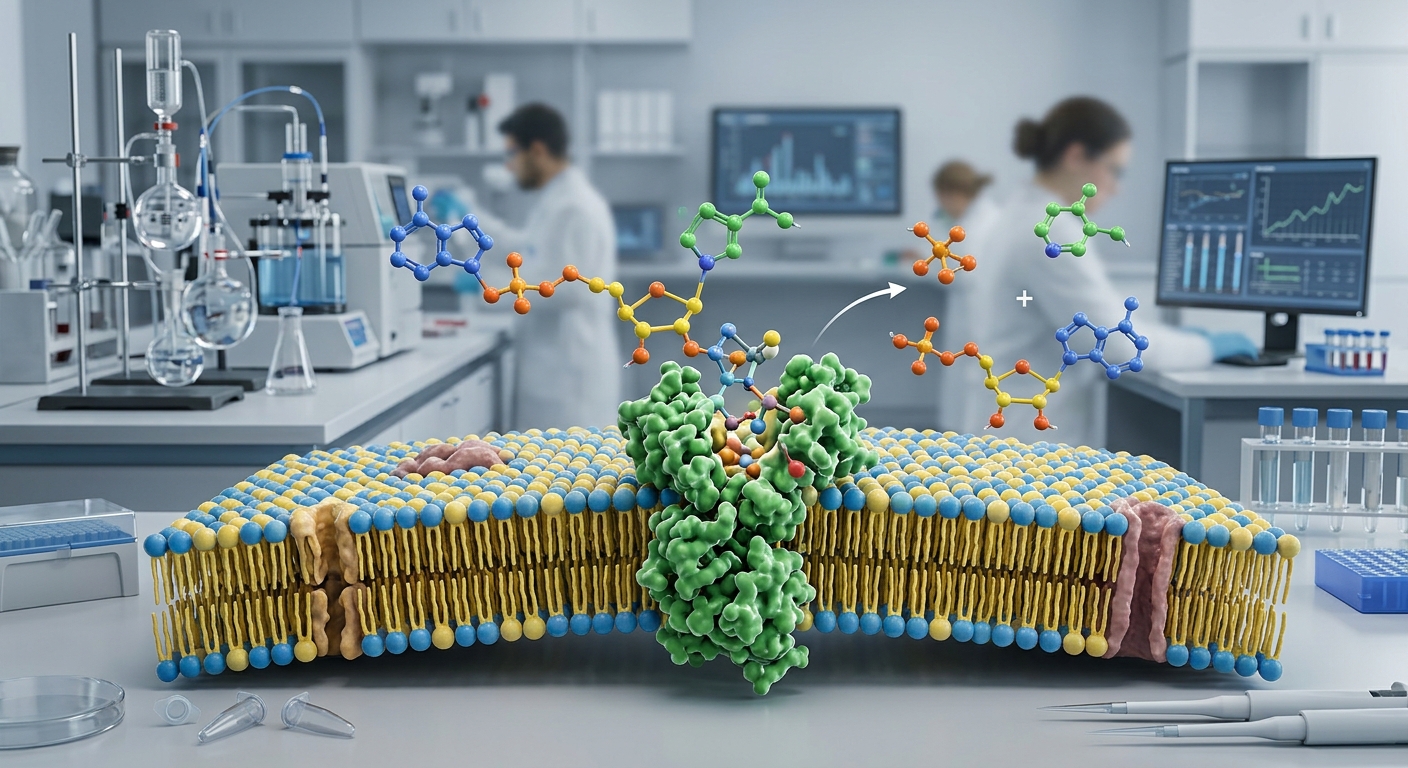 3D visualization of NAD+ coenzyme undergoing enzymatic cleavage at a cellular membrane surface.