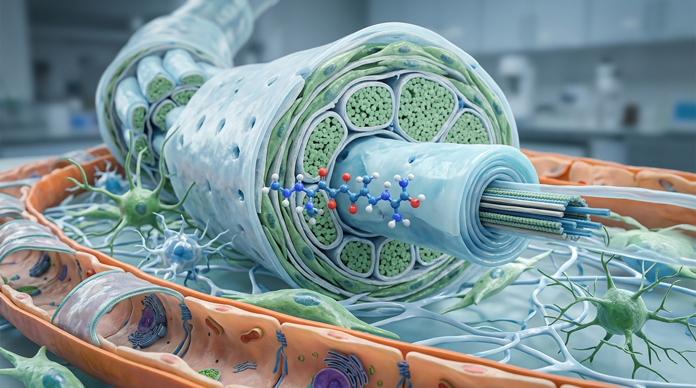 3D render of an oxytocin neuropeptide navigating perineural pathways past the blood-brain barrier.