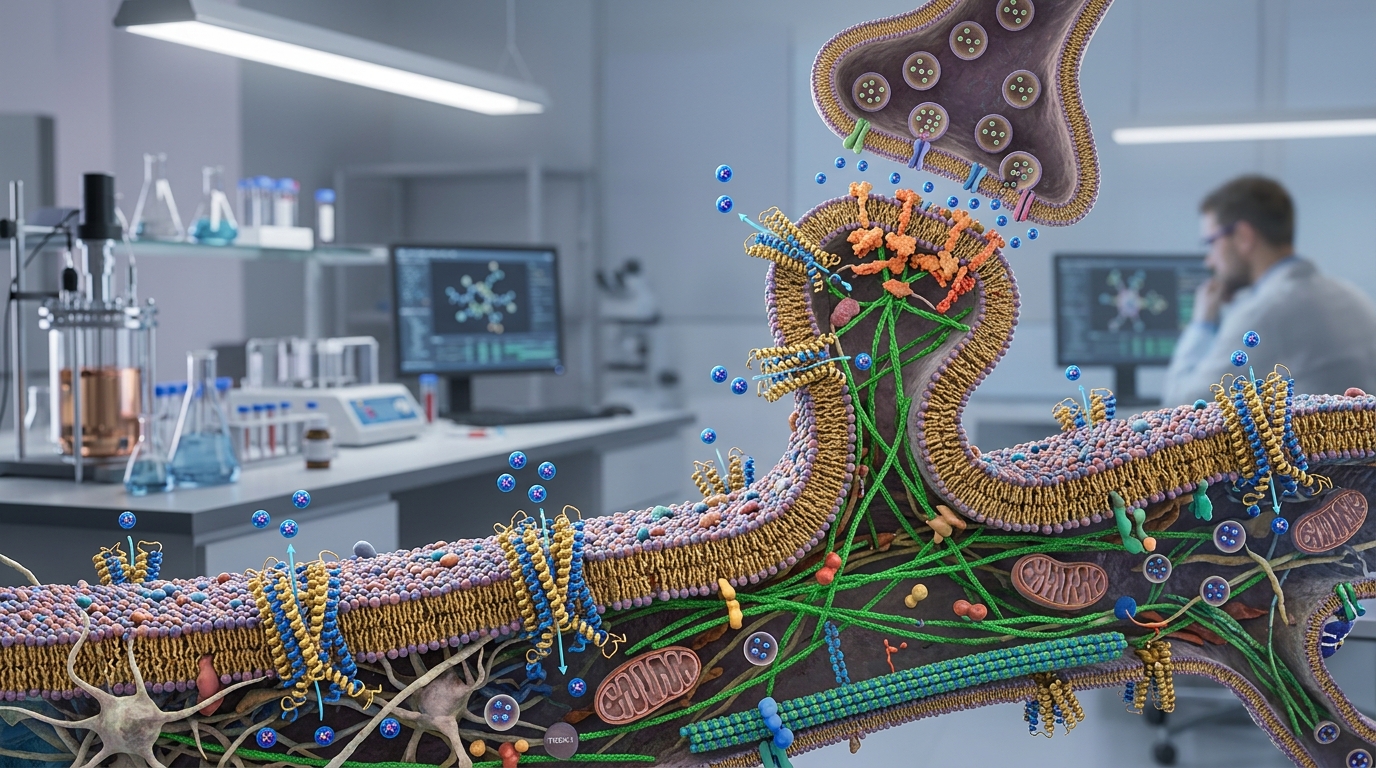 3D scientific rendering of neuronal membrane potassium channels and dendritic synapses involved in neuroplasticity research.