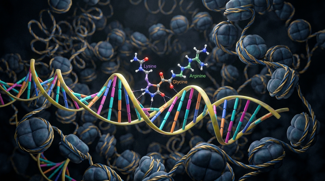 3D visualization of a short peptide interacting with DNA chromatin in a cellular nucleus.