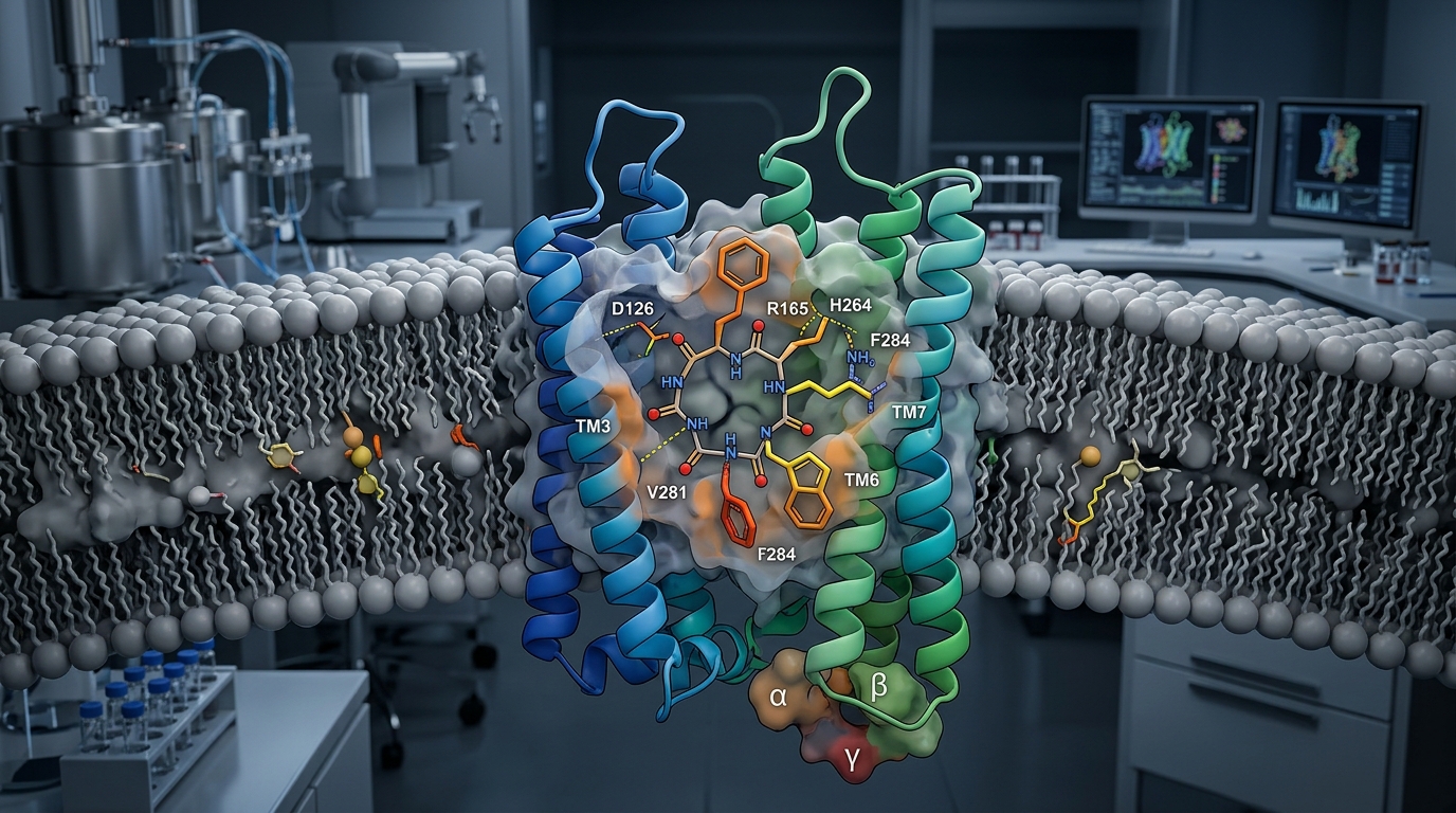 Molecular model of a cyclic peptide interacting with the melanocortin receptor on a cell membrane surface.
