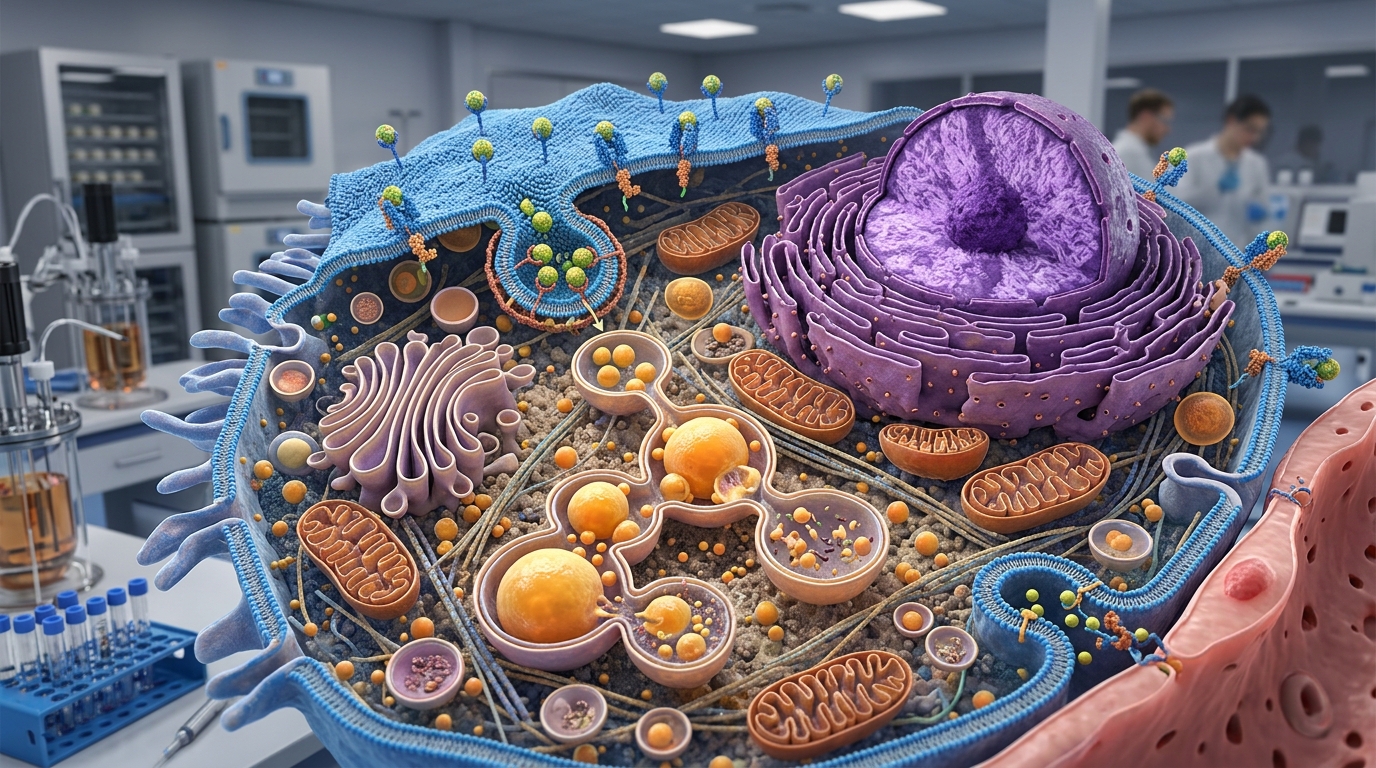 3D visualization of hepatocyte cells clearing intracellular lipid droplets during metabolic liver disease research.