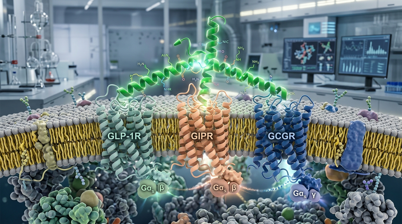 3D scientific illustration of a multi-receptor agonist interacting with GLP-1, GIP, and glucagon receptors.