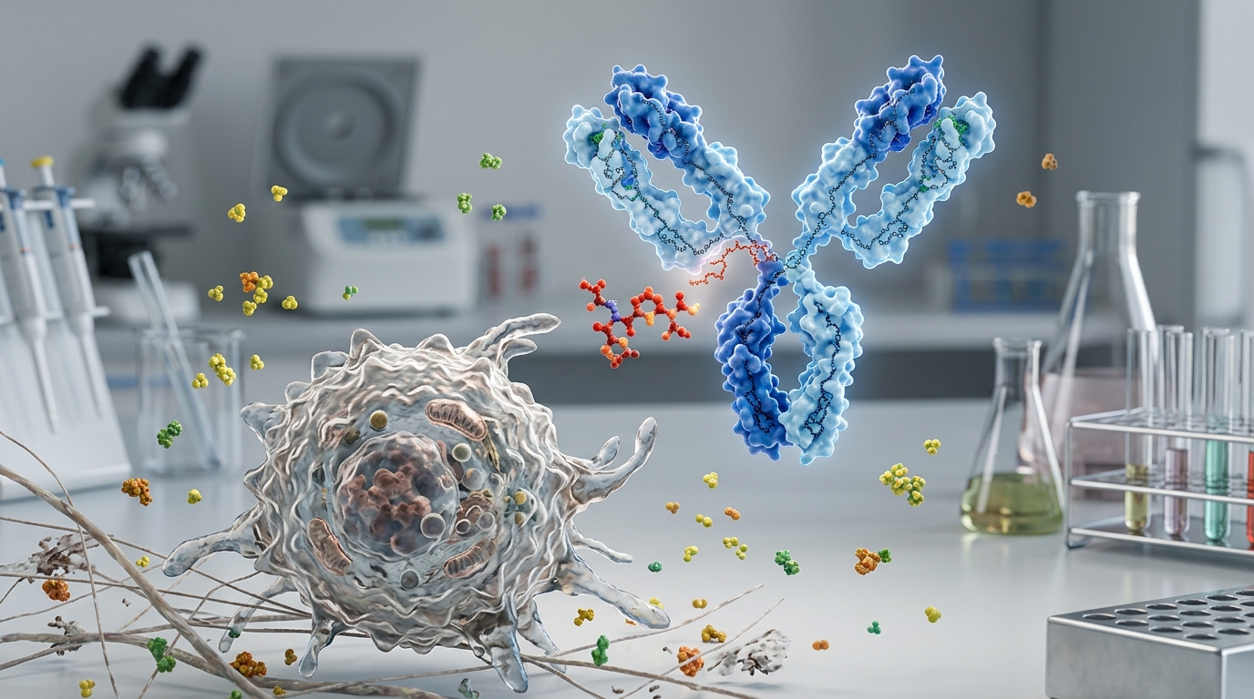 3D scientific illustration of tuftsin peptide fragment interacting with immune cell receptors and cytokine signaling pathways