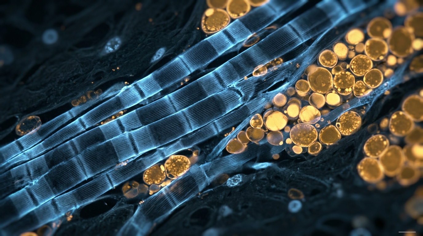 Microscopic view of striated skeletal muscle tissue and adipocyte lipid droplets highlighting metabolic pathways.