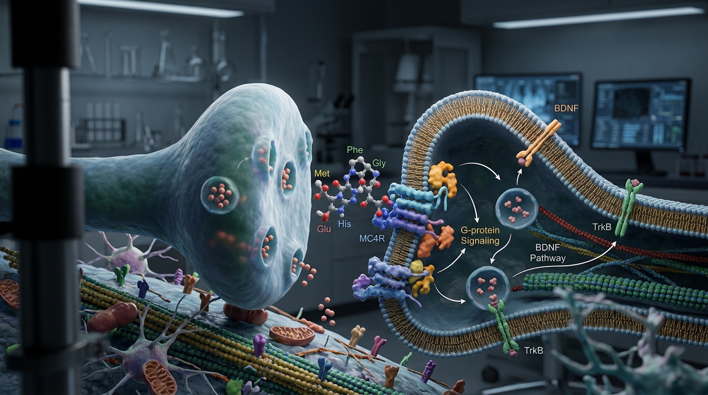 3D rendering of the Semax heptapeptide interacting with neuronal receptor pathways in synaptic space.