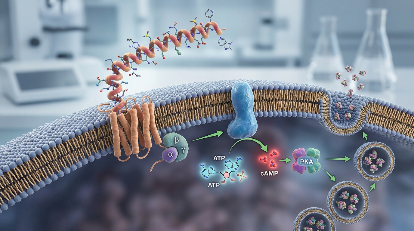 3D visualization of sermorelin peptide binding to the GHRH receptor on a pituitary cell membrane triggering cAMP signaling.