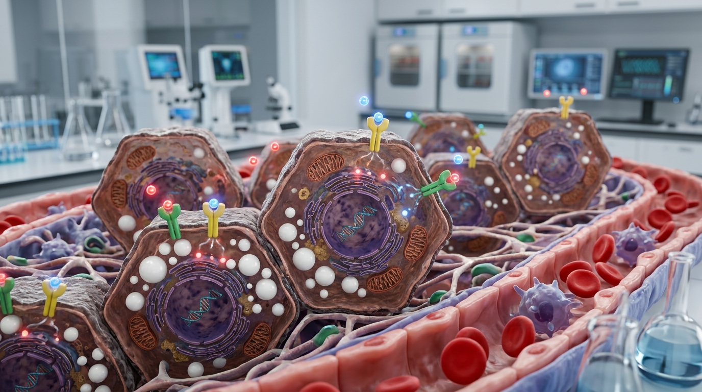 3D scientific rendering of liver tissue cells undergoing metabolic lipid breakdown during dual receptor peptide signaling.