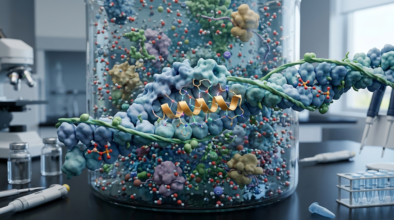 3D molecular visualization of an actin-binding peptide fragment interacting with actin protein filaments.