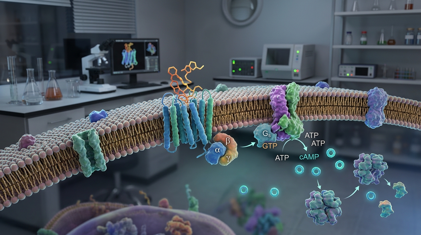 3D render of a cell membrane receptor interacting with a peptide ligand to stimulate endocrine signaling.