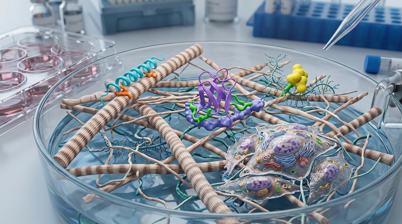 3D scientific rendering of three peptide structures interacting with extracellular collagen fibers in laboratory research.