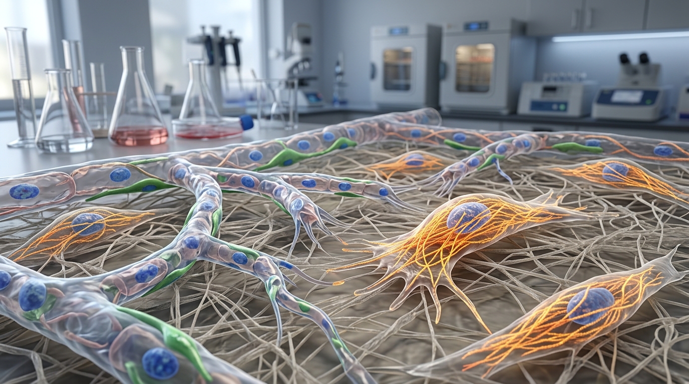 Scientific visualization of cellular actin filaments and microvascular growth pathways in laboratory tissue repair research.