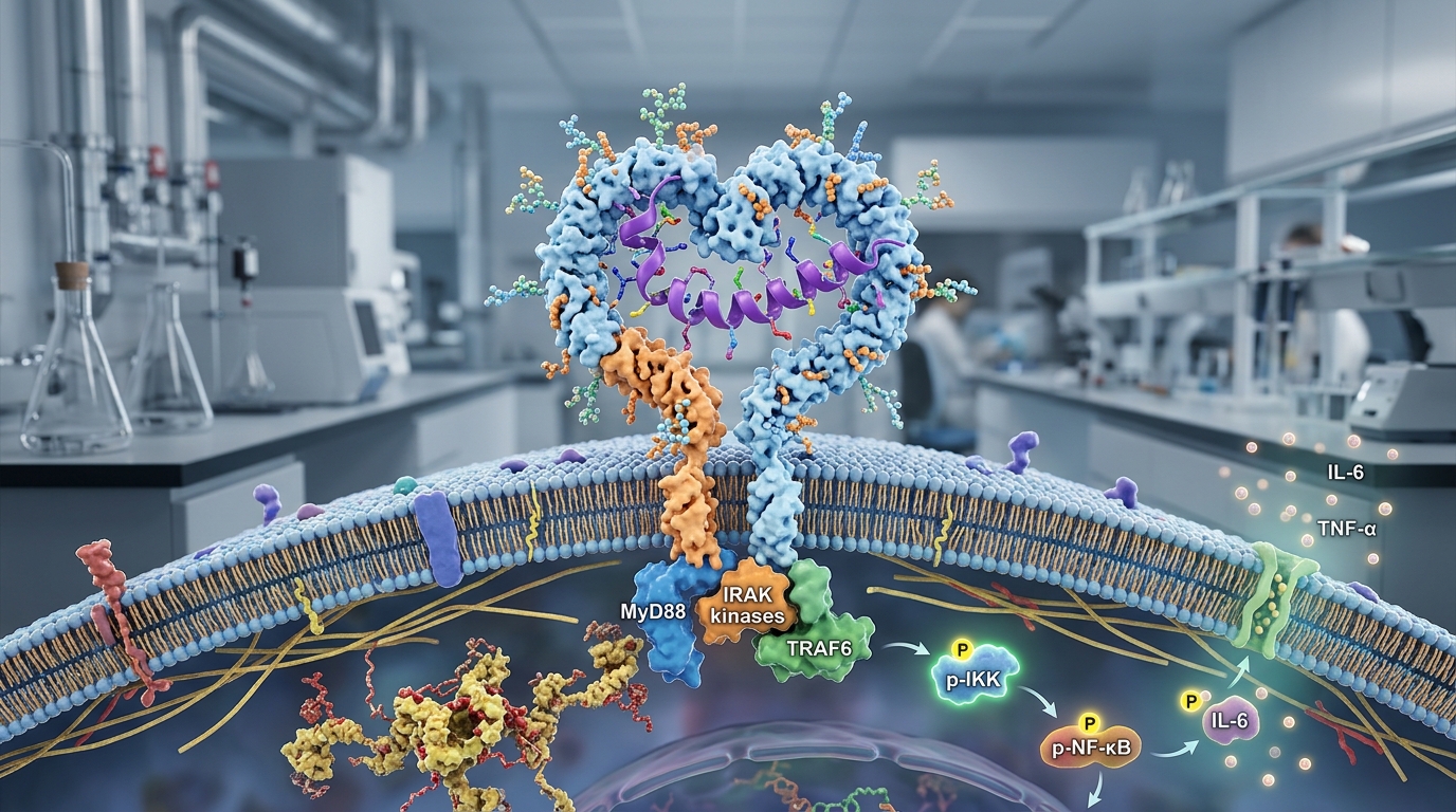 3D scientific rendering of Thymosin Alpha-1 peptide binding to immune cell surface receptors.