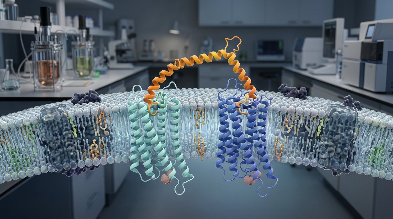 3D visualization of dual incretin peptide receptor interaction within a cellular membrane.