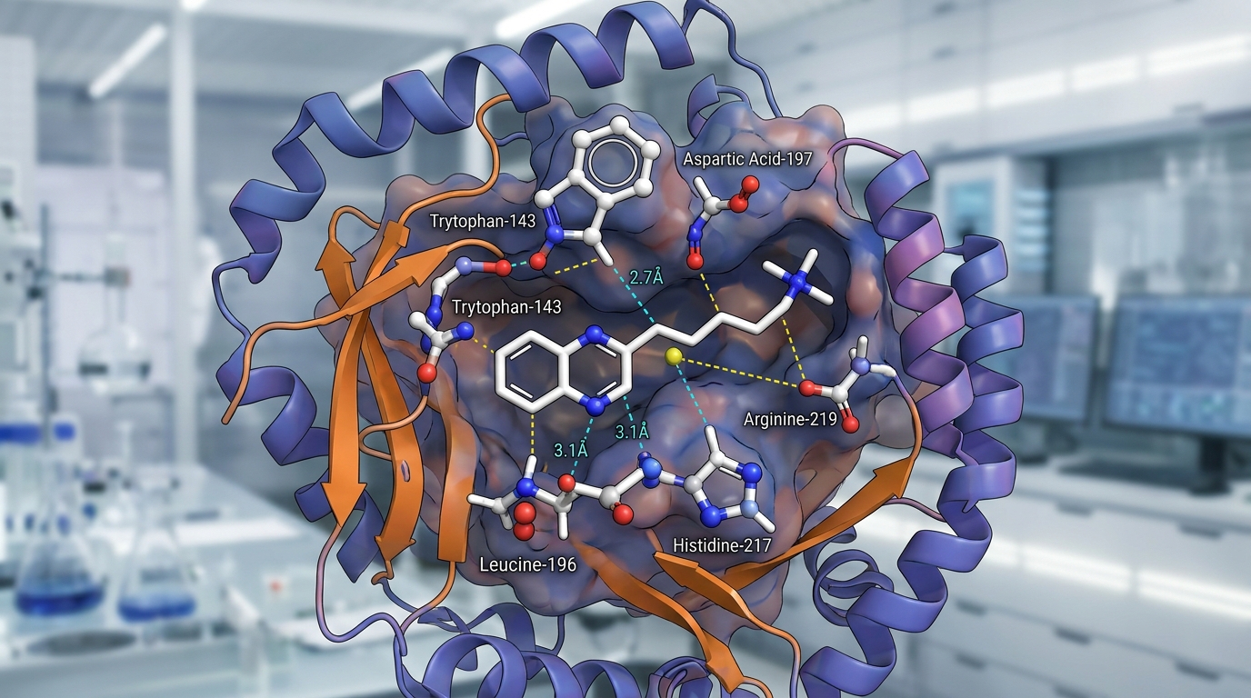 Molecular model of 5-Amino-1MQ interacting within the catalytic binding site of the NNMT enzyme.
