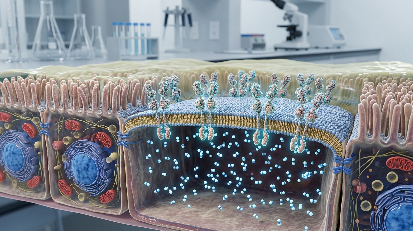 Microscopic view of gastrointestinal epithelial cells showing vascular endothelial growth factor receptor molecular pathways.