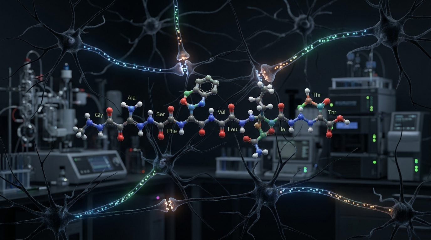 3D molecular visualization of the nonapeptide delta sleep-inducing peptide surrounded by neural pathways.