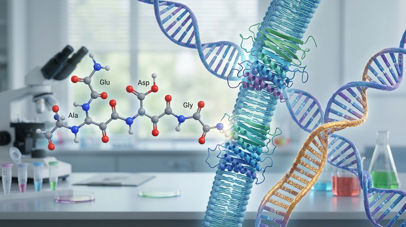 Molecular model of the Epitalon tetrapeptide beside a DNA strand with glowing telomere ends and pineal cellular structures.