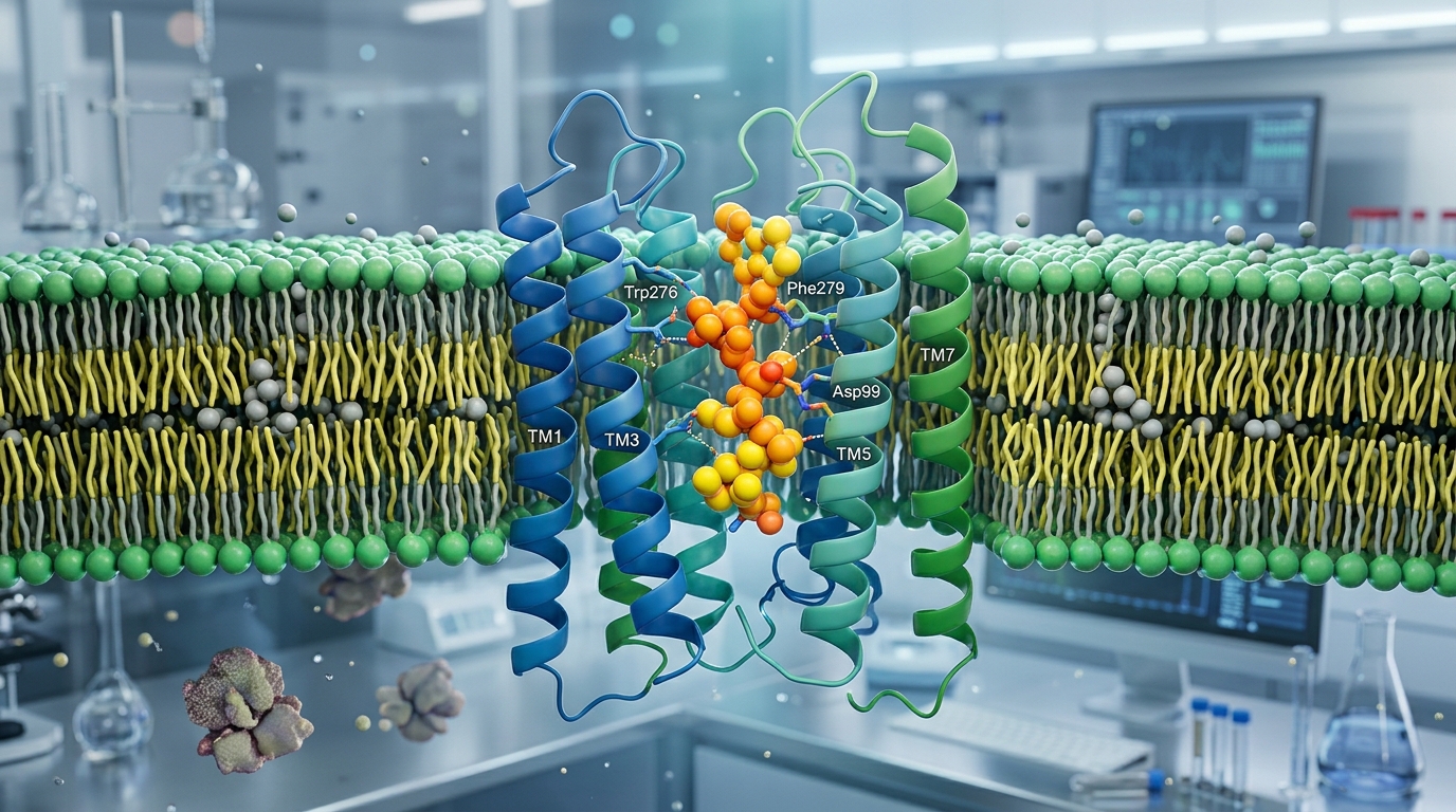 3D visualization of the GHS-R1a receptor with a peptide ligand binding in a lipid bilayer.